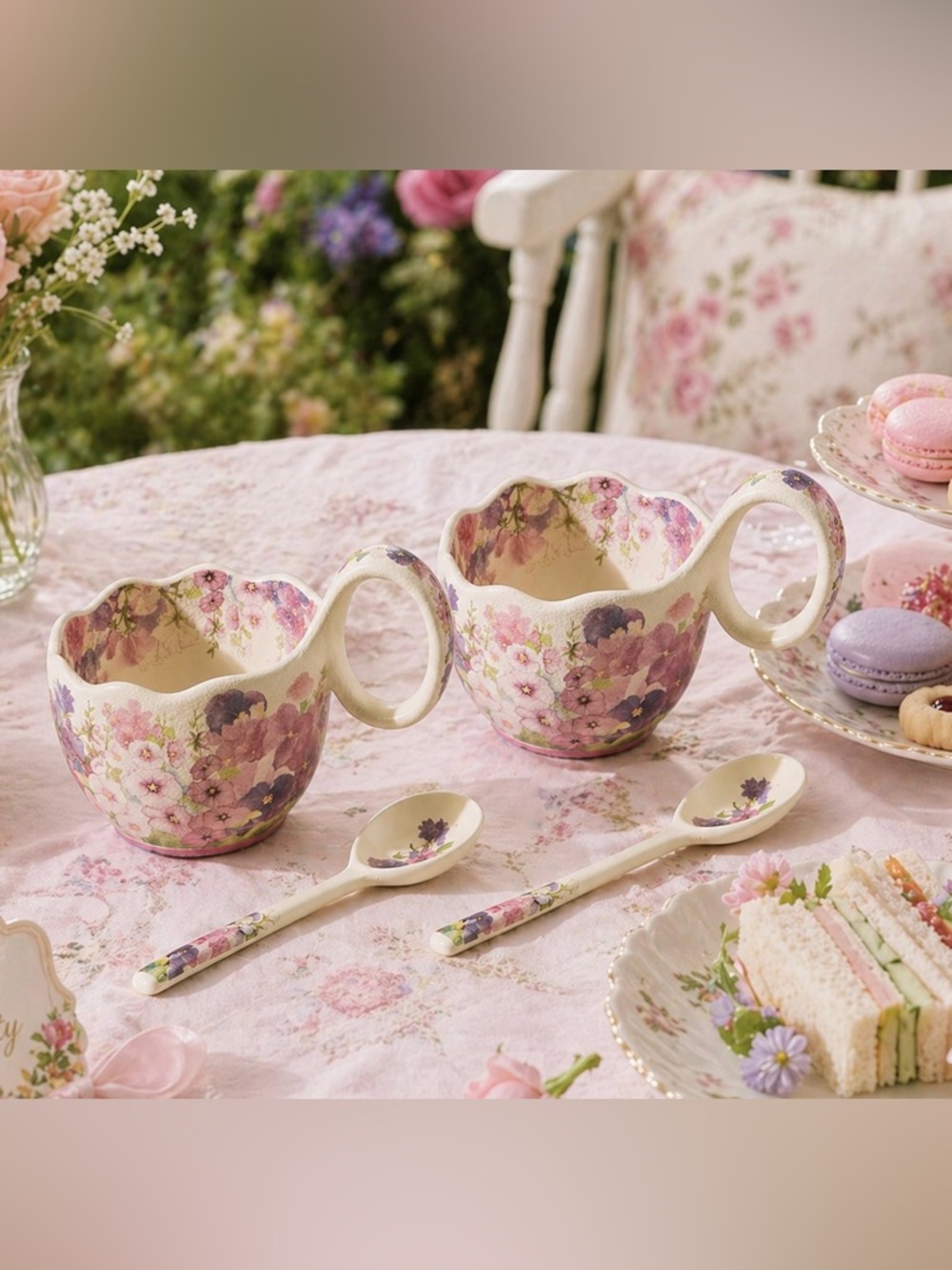 Handmade Ceramic Soup Bowl with Handle Flower Design Set of 2 NEW IN BOX